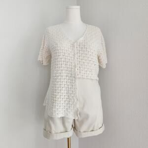 Vintage 90s White Crochet Knit Button Down Short Sleeve Cardigan Top Cottage L